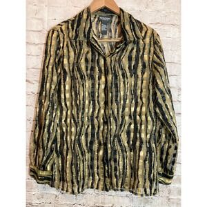 Notations Top Womens Large Burnout Gold Zebra Print Semi Sheer Button Up Glitter